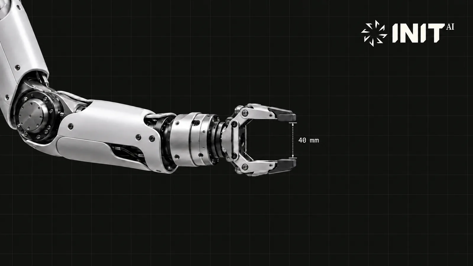 A robot arm with an open two-finger gripper on a dark grid, beside the InitAI logo